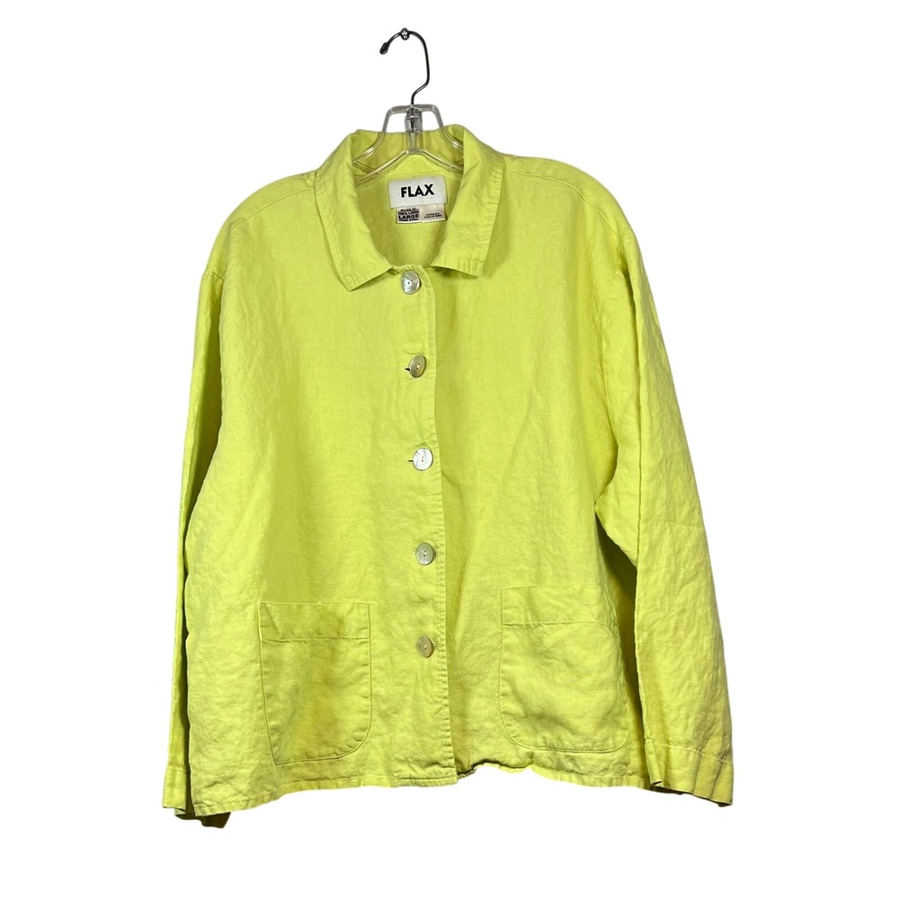 Flax Women's Button-Down Linen Shirt Jacket in Bright Lime
